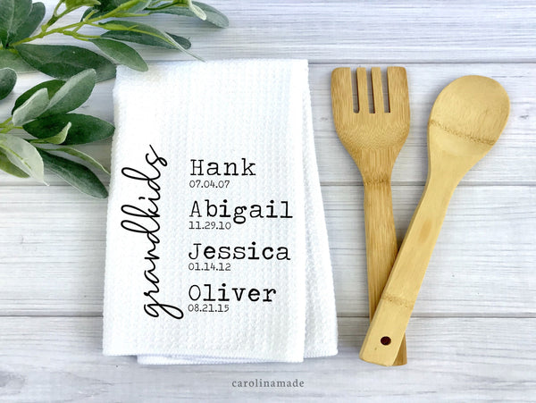 White waffle weave hand towel personalized with grandkids names and birthdays! The perfect gift for Grandma this Mother's Day!