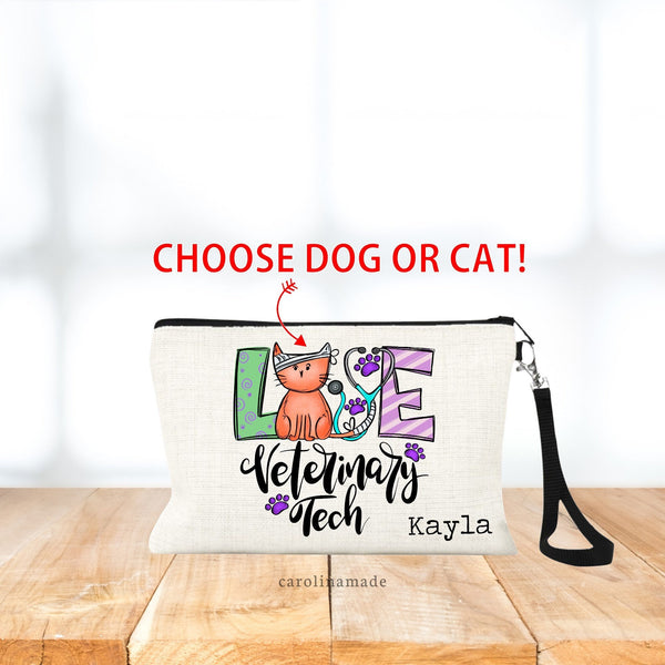 LOVE with cat and stethoscope in the word. and Veterinary Tech under it. Personalized with your name. Linen wristlet makeup bag with strap.