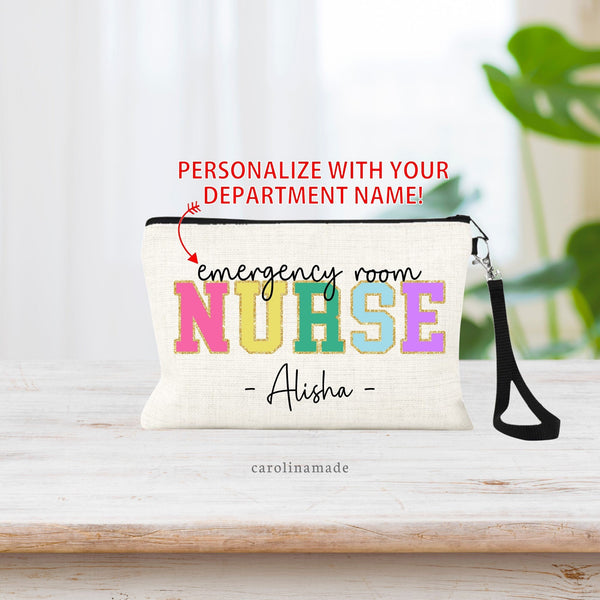 This linen wristlet features the word NURSE in colorful faux patch text with the department name above it and your name personalized below it. Change department name for where you work. Example Oncology, ICU, emergency room, pediatric, etc.