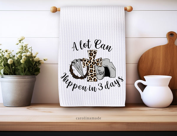 A lot can happen in 3 days waffle weave hand towel featuring leopard print cross, rock tomb, nails and thorn crown