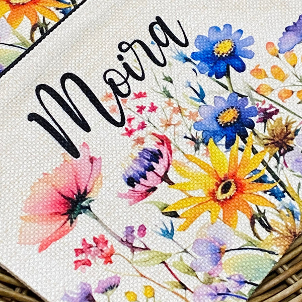 Personalized Wildflower Makeup Bag, Flower Linen Cosmetic Bag, Custom Name Zipper Pouch, Money Wristlet, Wildflower Make Up Bag