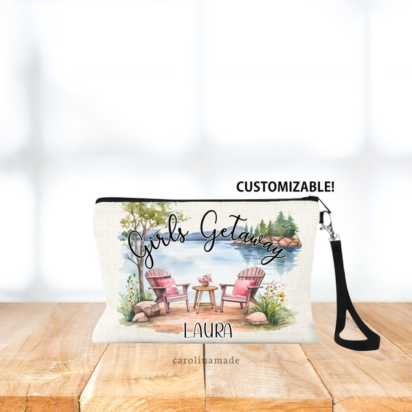 This beautiful watercolor design is perfect for your next lake or mountain trip! The design features two chairs with water, mountains and trees in the background Customize text & personalize with your name.