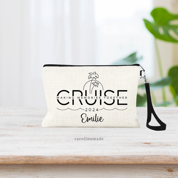 This black & white minimalist design features the word CRUISE with the tag line: making memories together. There is sun and palm tree line art above it with the year and a personalized name below.