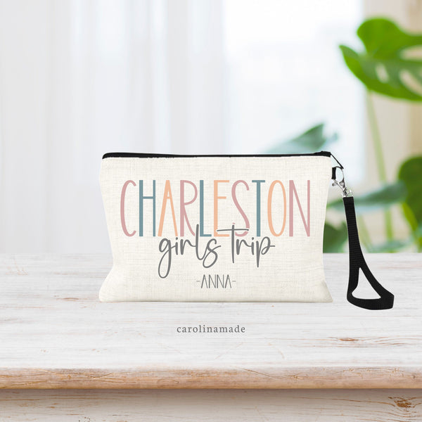 Personalized Girls Trip Makeup Bag, Cosmetic Destination Travel Bag, Custom Trip Zipper Pouch, Girls Weekend Bag, Best Friend Getaway Trip