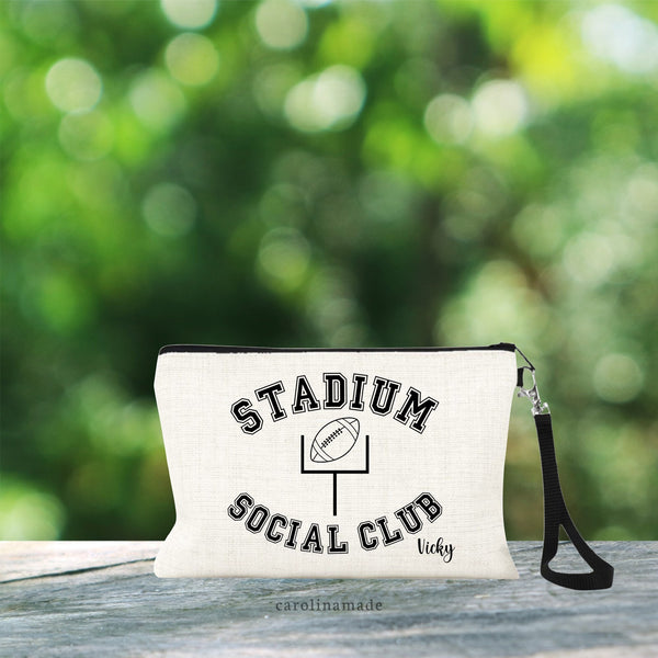 Stadium Social Club Football Mom Wristlet featuring football goal and football in the center. Personalized for your favorite football mom friend with their name in the bottom corner.