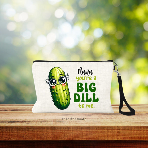Personalized Pickle Bag that says:(name) you're a BIG DILL to me with a pickle next to it that has big eyes and eyelashes. Perfect Pickle Lover Gift!