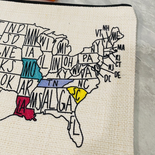 USA Travel Map Bag, United States Travel Adventure Wristlet, Personalized Travel Lover Gift, Wanderlust Gift, Custom 50 States Color Bag