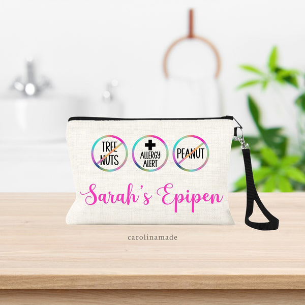 Linen zipper pouch features faux patch circles to alert of different medical allergies. All text is customizable.
