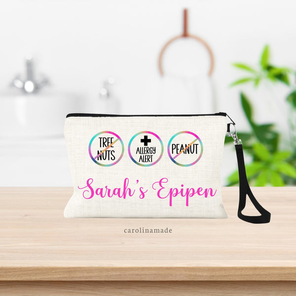 Linen zipper pouch features faux patch circles to alert of different medical allergies. All text is customizable.