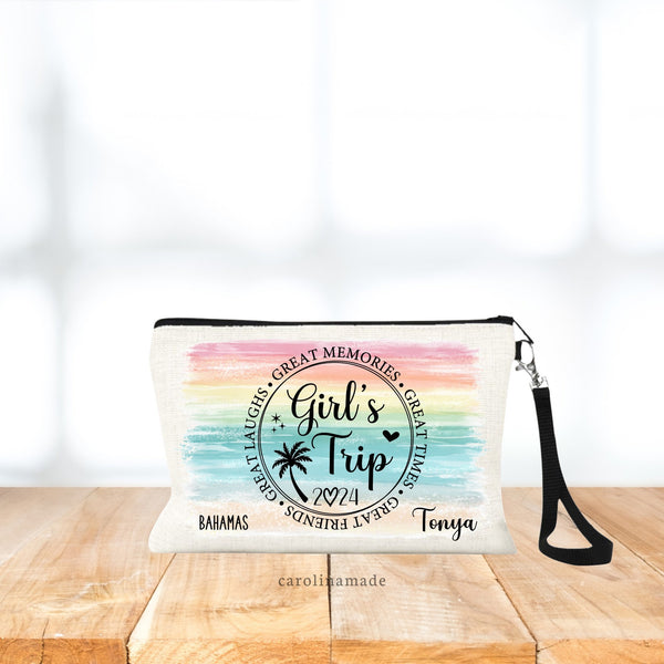 Personalized Girls Beach Trip Makeup Bag, Custom Best Friend Trip Zipper Pouch, Girls Weekend Bag, Beach Getaway Trip, Beach Trip Wristlet
