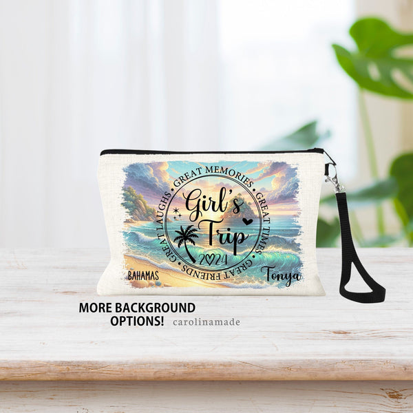 This linen wristlet features a beautiful beach scene background with a center circle that says Girl's Trip. Great memories, great times, great friends, great laughs. Add your name and destination to personalize it.