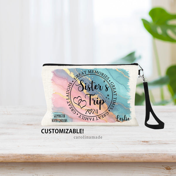This linen wristlet features a beautiful watercolor background with a center circle that says sister Trip. Great memories, great times, great family, great laughs. Add your name and destination to personalize it.
