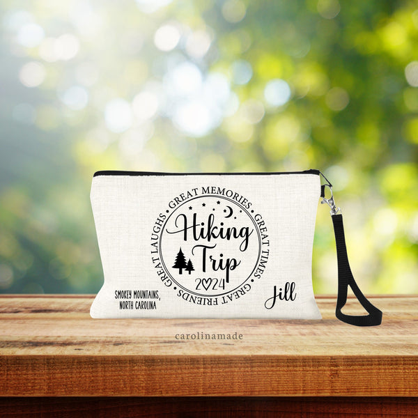 Hiking Trip Bag, Personalized Hiking Wristlet, Family Hike Trip, Girls Hike Trip, Gift for Hiker, Camping Makeup Bag, Hiking Gift Ideas