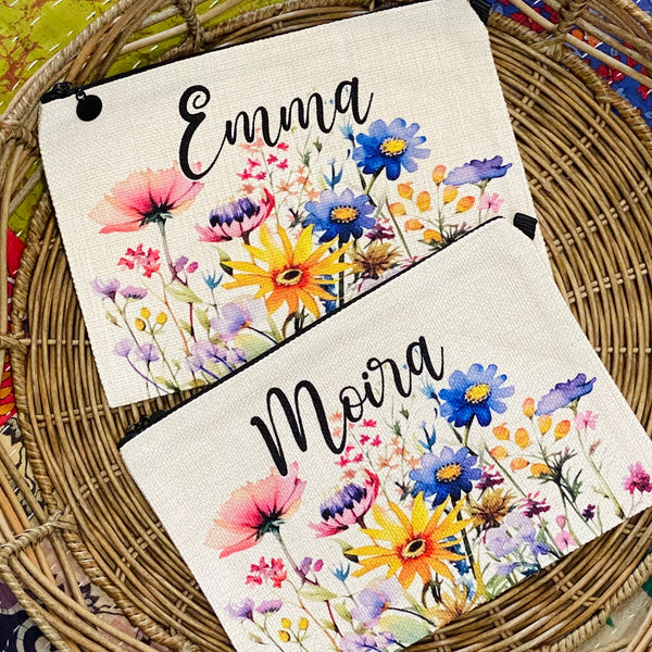 Personalized Wildflower Makeup Bag, Flower Linen Cosmetic Bag, Custom Name Zipper Pouch, Money Wristlet, Wildflower Make Up Bag