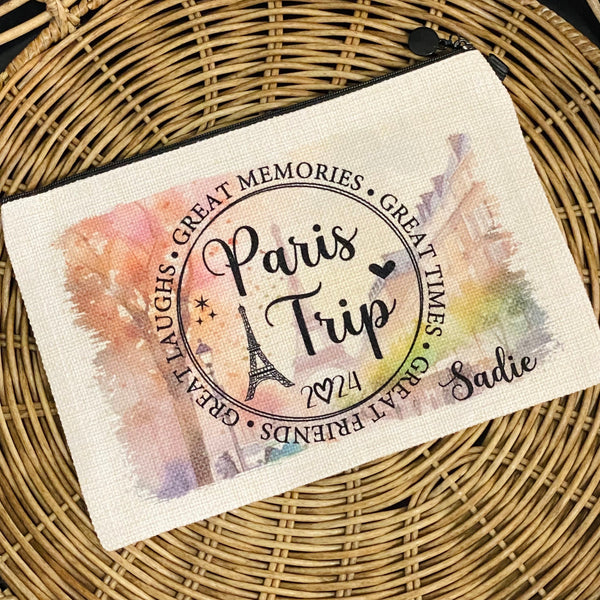 Paris Trip Makeup Bag, Personalized Paris Trip Wrislet, Custom Paris Getaway Trip, Best Friend Paris, Paris Gift Ideas, Paris tower Bag