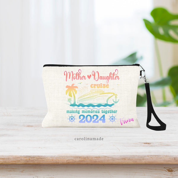 Mother Daughter Cruise Zipper pouch featuring gradient rainbow design. Making memories together 2024 with shop, sun, anchor, ocean & sun. Personalize the bottom with your name