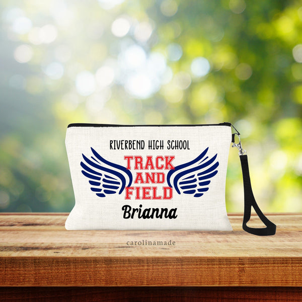 This linen zipper pouch with strap features the wings in the track and field logo on each side of the text: Track and field. The top is personalized with your school name. And bottom has your name. customize colors for your school.