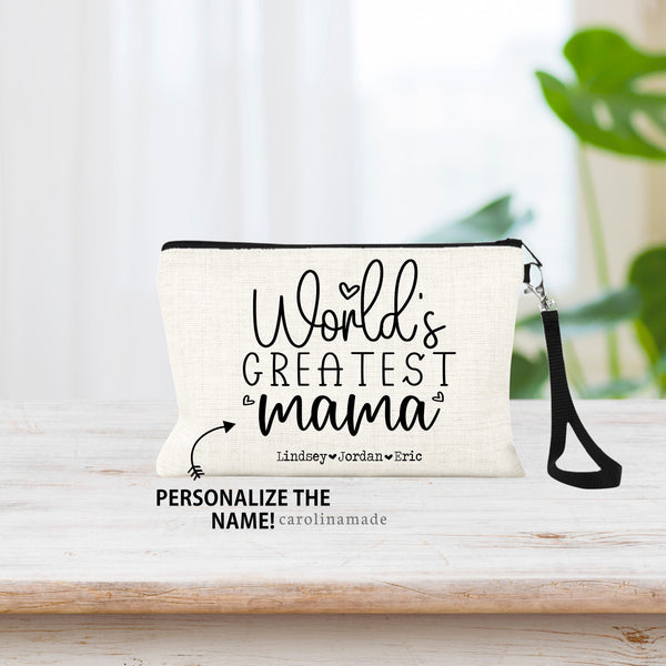 This linen zipper pouch says Worlds Greatest and is personalized with a name - mom, mama, grandma, nana, etc. The bottom is also personalized with kids or grandkids names! Matching hand towel also available!