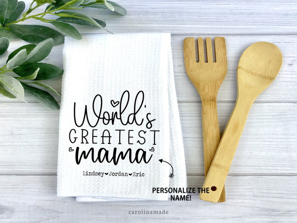 This white waffle weave kitchen towel says World's Greatest and is personalized with title - mama, mom, grandma, nana, gammie, mimi, etc! Personalized at the bottom with kids or grandkids names to make it truly a great gift!