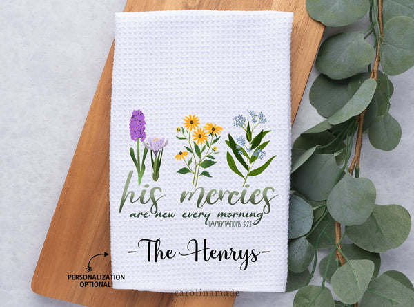 Christian Hand Towel, His Mercies are new every morning, Personalized Christian Dish Towel, Bathroom Towel, Floral Scripture Towel Gift Idea