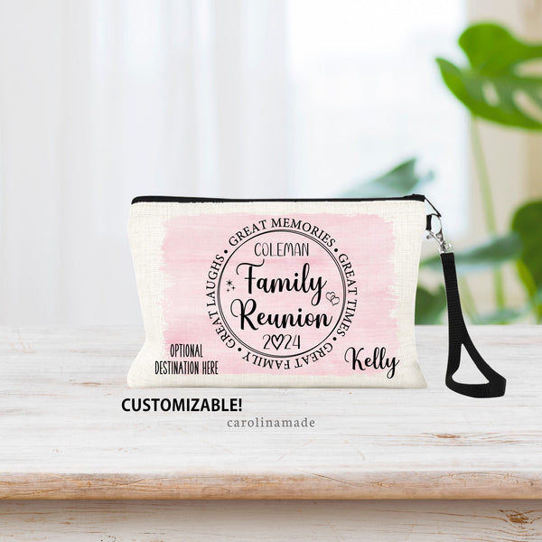 This linen zipper pouch features a circle that says: Family Reunion, with stars, and hearts. The year is noted at the bottom. Personalize with your name and destination. Background is customizable, mountains, beach, camping, or just a color.