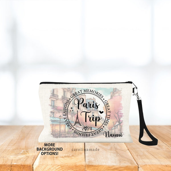 This linen wristlet features a beautiful Paris scene background with a center circle that says Paris Trip. Great memories, great times, great friends, great laughs. Add your name to personalize it for your next Paris Trip
