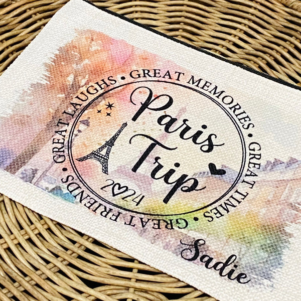 Paris Trip Makeup Bag, Personalized Paris Trip Wrislet, Custom Paris Getaway Trip, Best Friend Paris, Paris Gift Ideas, Paris tower Bag