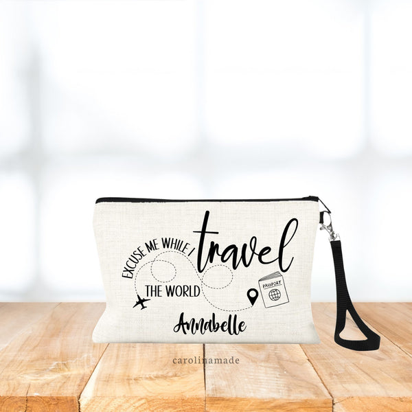 Excuse me while I travel the world personalized zippered pouch with airplane and dotted line to destination. And a passport clipart.