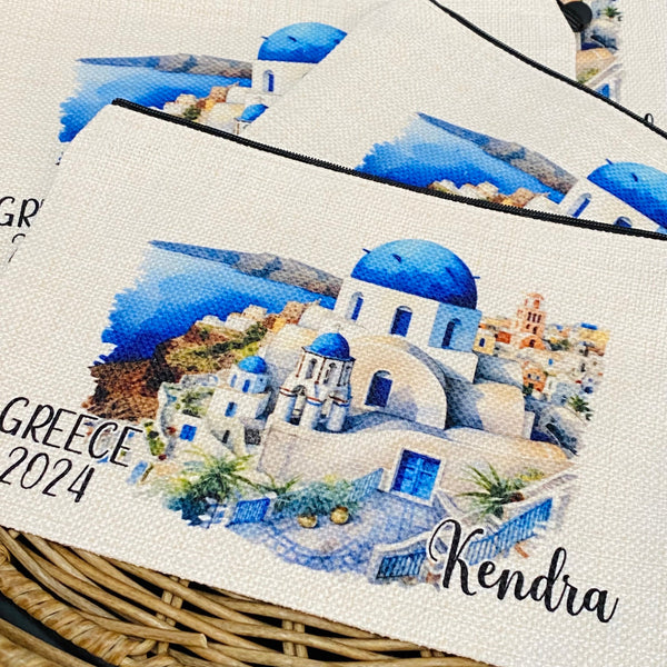 Greece Trip Makeup Bag, Personalized Greece Trip Wrislet, Custom Greece Getaway Trip, Best Friend Greece, Greece Gift Idea, Girls Greece Bag
