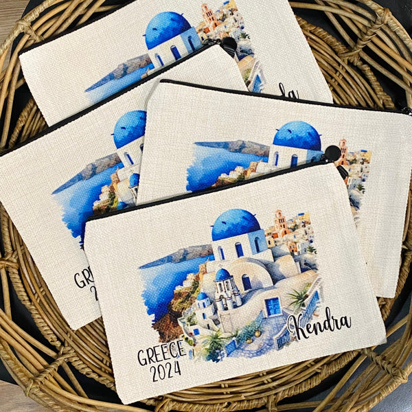 Greece Trip Makeup Bag, Personalized Greece Trip Wrislet, Custom Greece Getaway Trip, Best Friend Greece, Greece Gift Idea, Girls Greece Bag