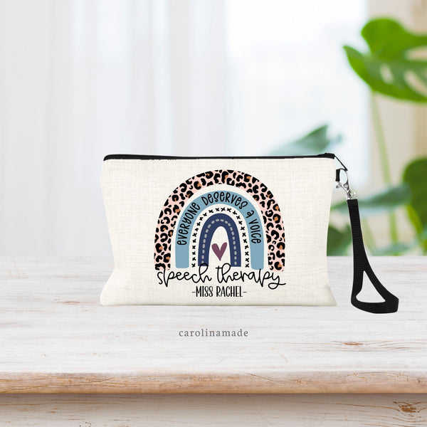 This linen wristlet features a fun rainbow with blues and leopard print. Under the rainbow says speech therapy and is personalized with your speech therapists name.