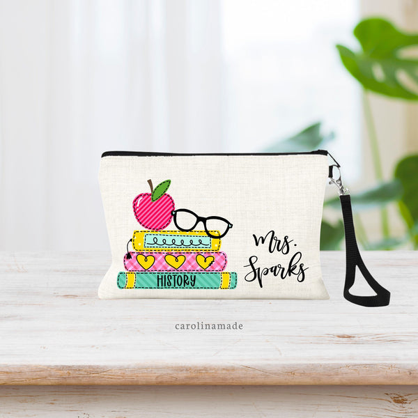 Teacher Subject Name Bag, Personalized Teacher Appreciation Gift, Teacher Book Stack Gift, Custom End of School Gift, Teacher Zipper Pouch