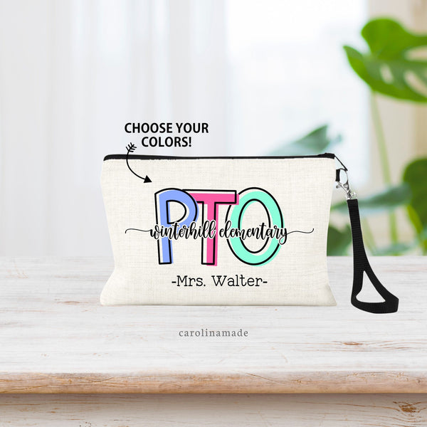 Custom linen zipper pouch shows PTO large in the background with the school name in a script font overlapping. It is personalized at the bottom with the PTO PTA members name.