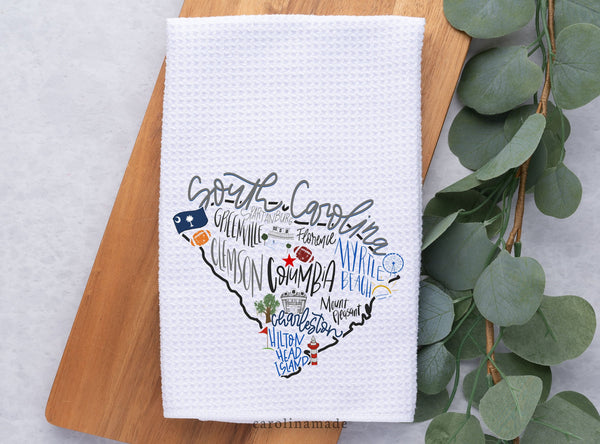South Carolina Hand Towel with state shape and towns shown - Greenville, Clemson, Columbia, Charleston, Hilton Head, Myrtle Beach, Etc. Perfect Carolina Decor for your kitchen, bathroom, vacation rental, etc.