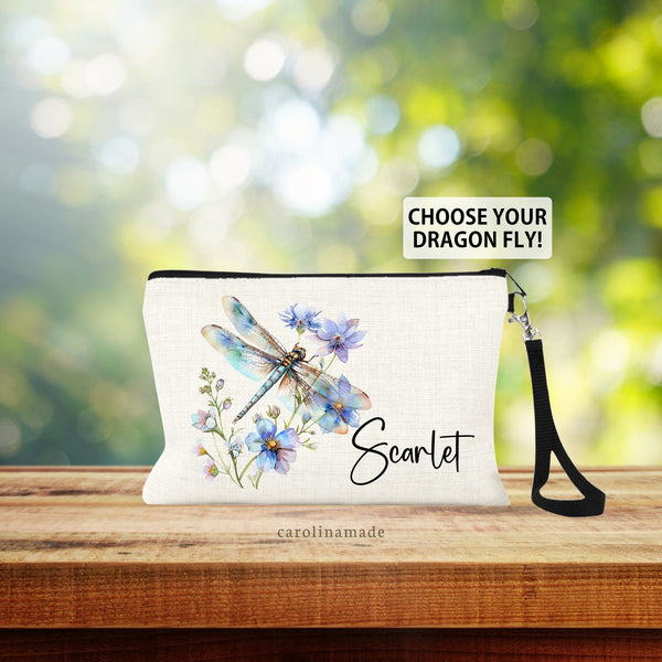 This beautiful zipper pouch design shows a watercolor floral dragon fly and is personalized with your name next to it. Choose 4 dragon fly and flower options.
