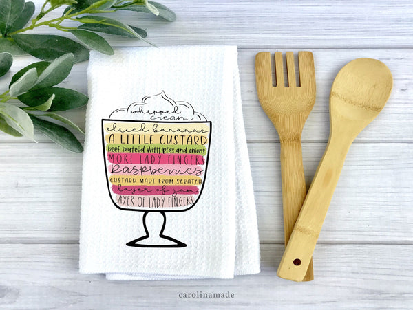 This white waffle weave towel is the perfect decor for any friends show fan! It features Rachel's Thanksgiving English Trifle Recipe.