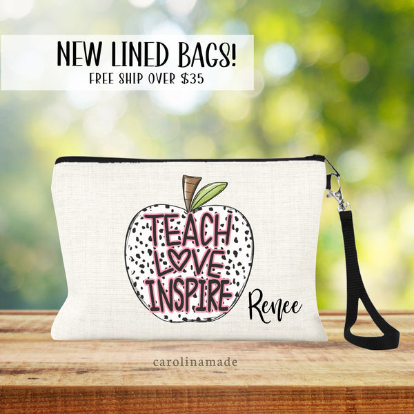 This fun zipper pouch features a large apple in the center with dalmatian print that says teach love inspire. The bottom corner is personalized with a teachers name.