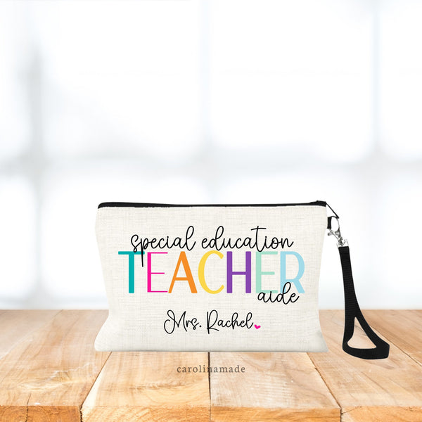 special education teacher aide zipper pouch with personalized name at the bottom.
