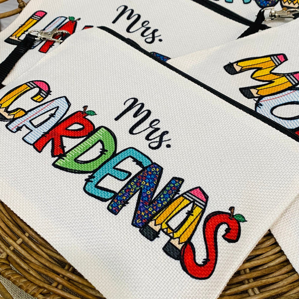 Personalized Teacher Name Zipper Pouch, Teacher Cosmetic Bag, Teacher Appreciation Week Gift, Teaching Gifts, End of School Gift