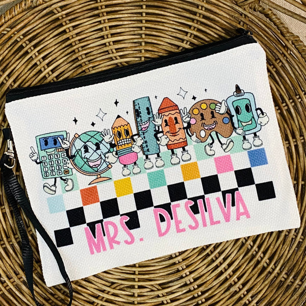 Teacher Zipper Pouch, Personalized Retro Teacher Makeup Bag, Teacher Appreciation Week Gift, Teaching Gifts, Custom End of School Gift Idea