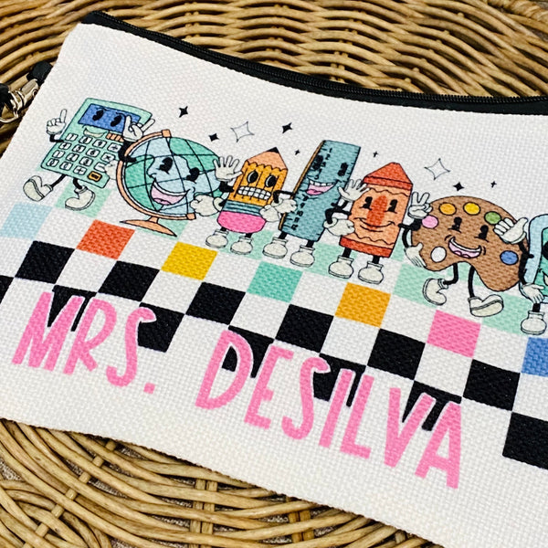 Teacher Zipper Pouch, Personalized Retro Teacher Makeup Bag, Teacher Appreciation Week Gift, Teaching Gifts, Custom End of School Gift Idea