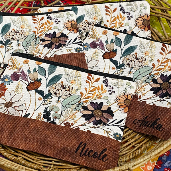 Personalized Faux Leather Floral Wristlet Purse, Flower Makeup Bag, Custom Name Flower Cosmetic Bag, Zipper Pouch, Wildflower Faux Leather