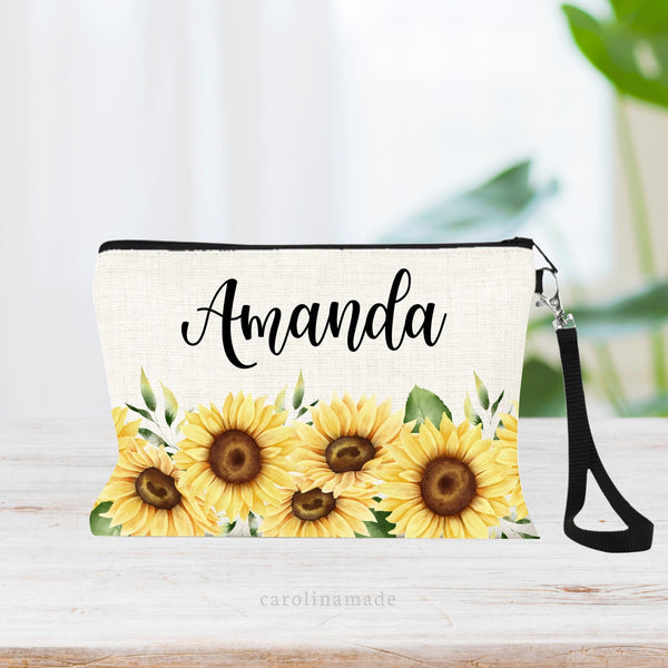 This linen bag features a sunflower border along the bottom. The top is personalized with your name!