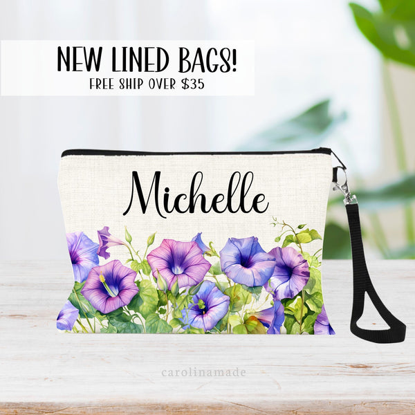 This zipper pouch features purple morning glory flowers along the bottom border and is personalized at the top with your name. Perfect gift for September Birthdays!
