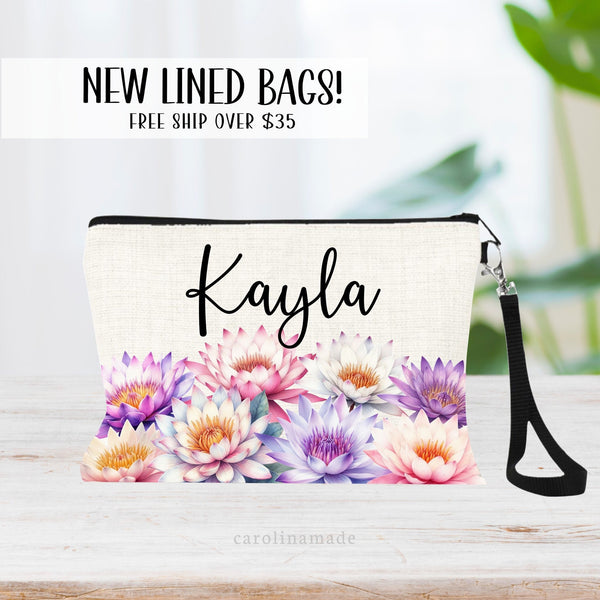 This zipper pouch features water lily flowers along the bottom border and is personalized at the top with your name. Perfect gift for July Birthdays!