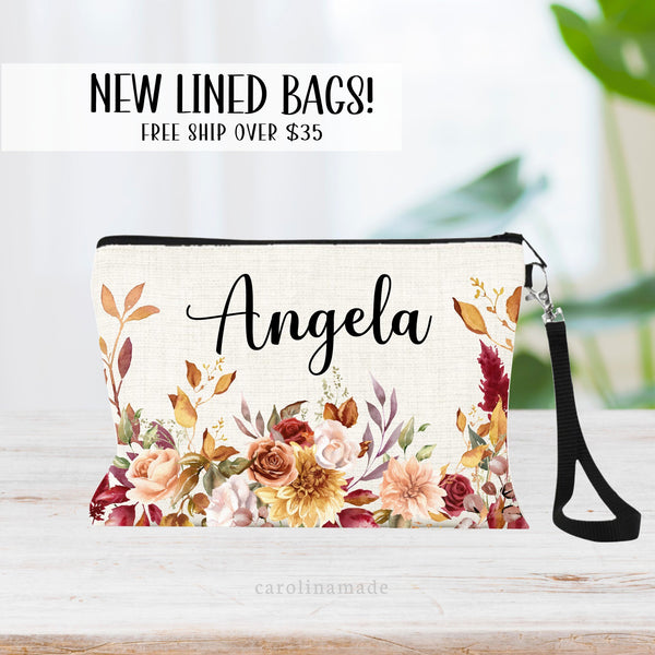 Fall Boho Wildflower Makeup Bag, Personalized Fall Floral Wristlet, Bridal Party Gift Ideas, Autumn Cosmetic Bag, Fall Boho Wedding Gifts