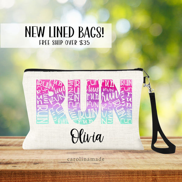 This linen zipper pouch is the perfect accessory for any runner! It features the word RUN in large colorful letters across the font. And is personalized with you rname under it.
