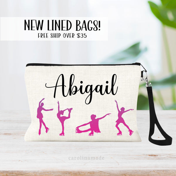 This linen zipper pouch features four pink & purple ice skater silhouettes in different poses. It is personalized at the top with your name.