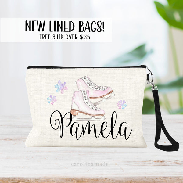 This linen zipper pouch features a watercolor design of pink ice skates and colorful snow flakes. It is personalized with your name at the bottom.