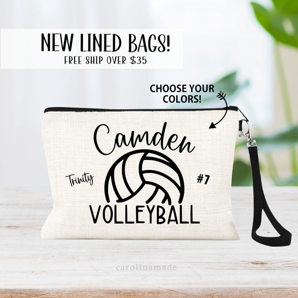 Our new lined linen bags featuring minimalist design of a volleyball with your school name or mascot over top of it. Personalize with your name and team number.